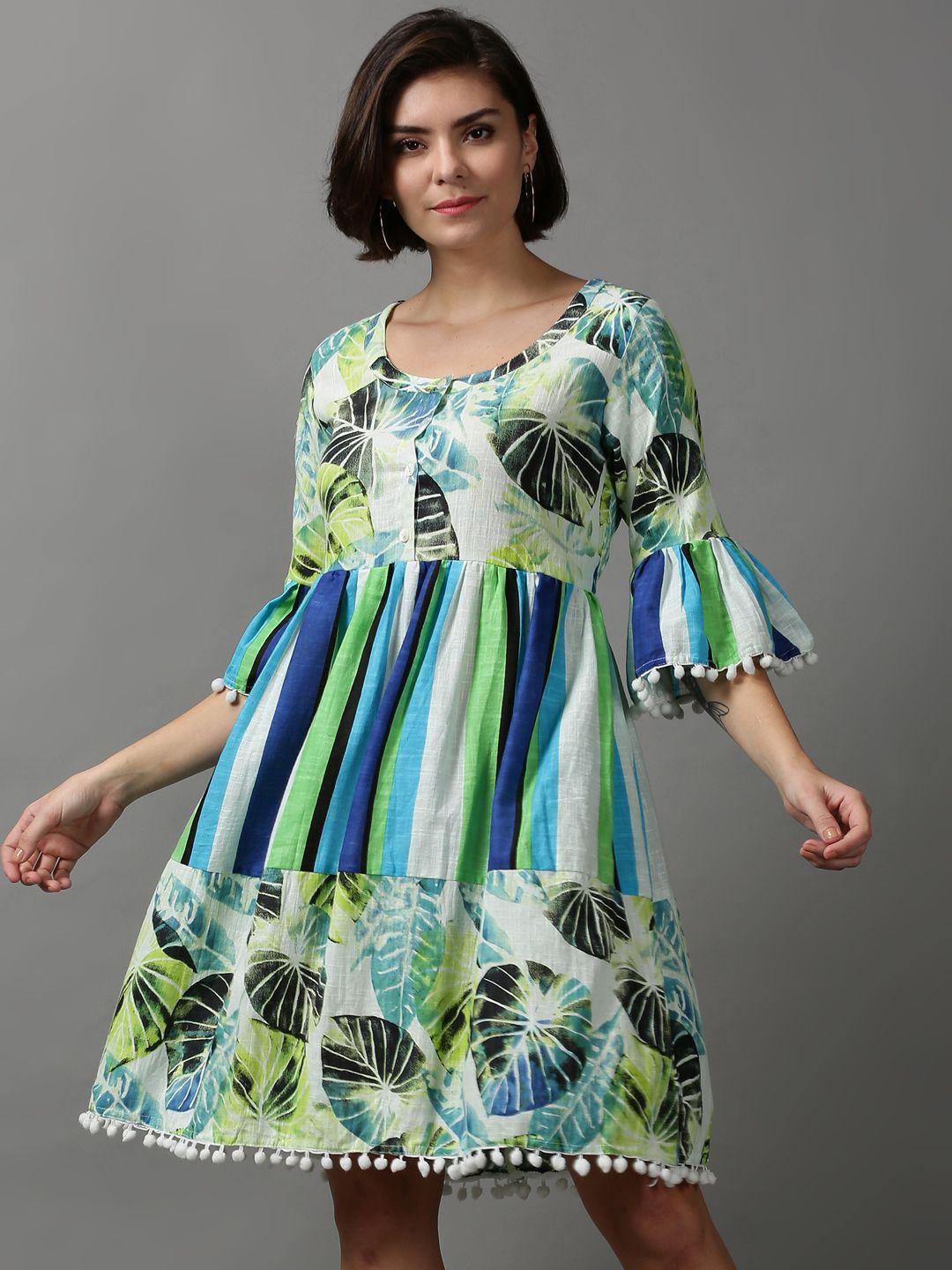 showoff-women-tropical-printed-cotton-fit-&-flare-dress