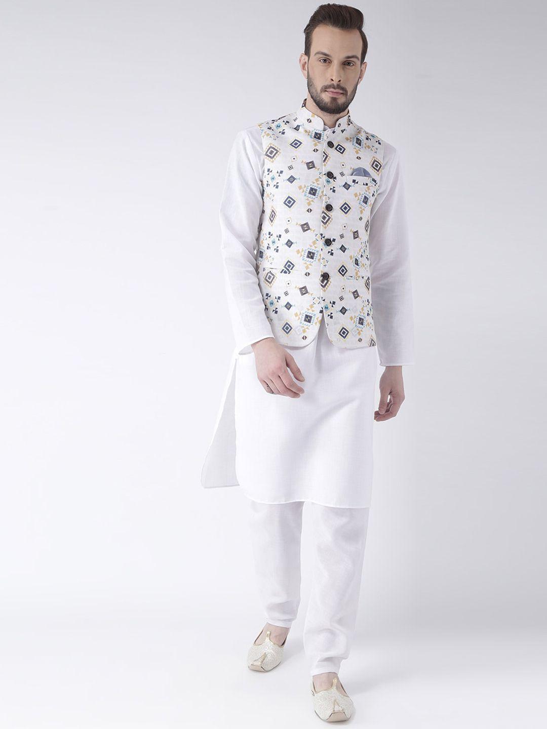 hangup-trend-men-white-printed-pure-cotton-kurta-with-pyjamas-&-nehru-jacket