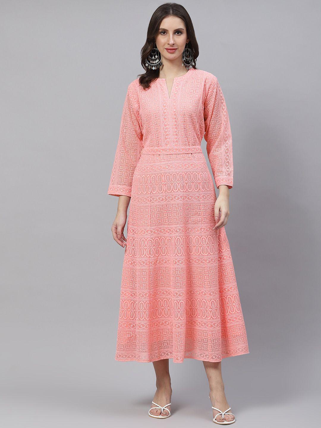 zola-women-peach-coloured-pure-georgette-chikankari-a-line-ethnic-dress-with-belt