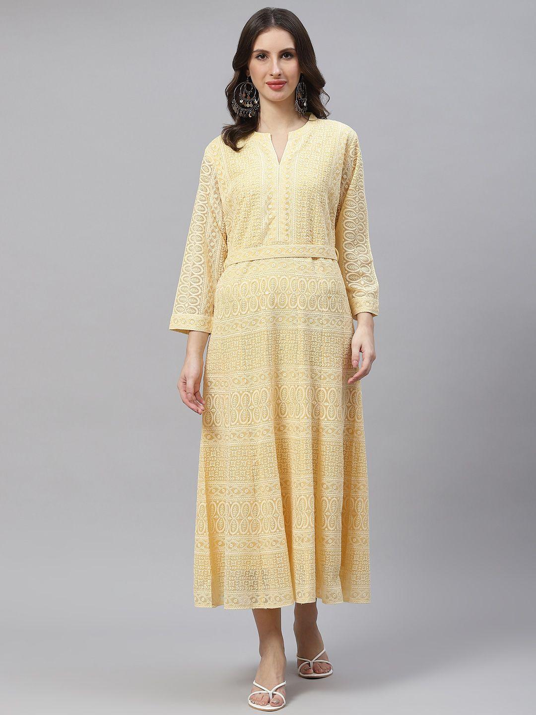 zola-women-yellow-pure-georgette-chikankari-a-line-ethnic-dress-with-belt