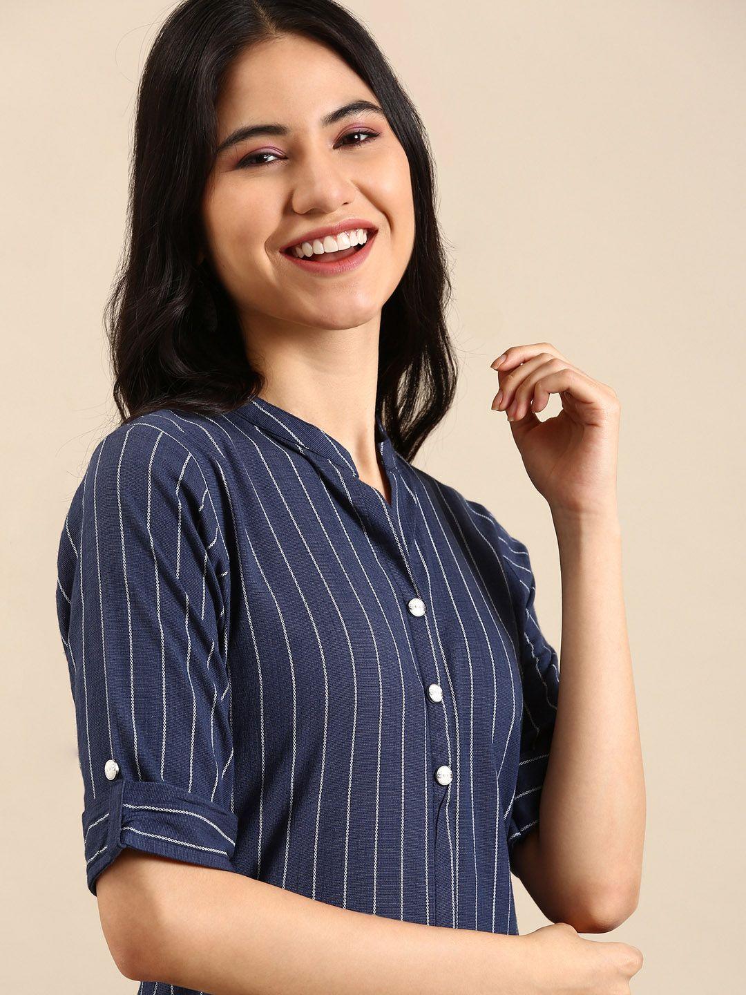 showoff-women-navy-blue-striped-pure-cotton-kurta-with-trouser