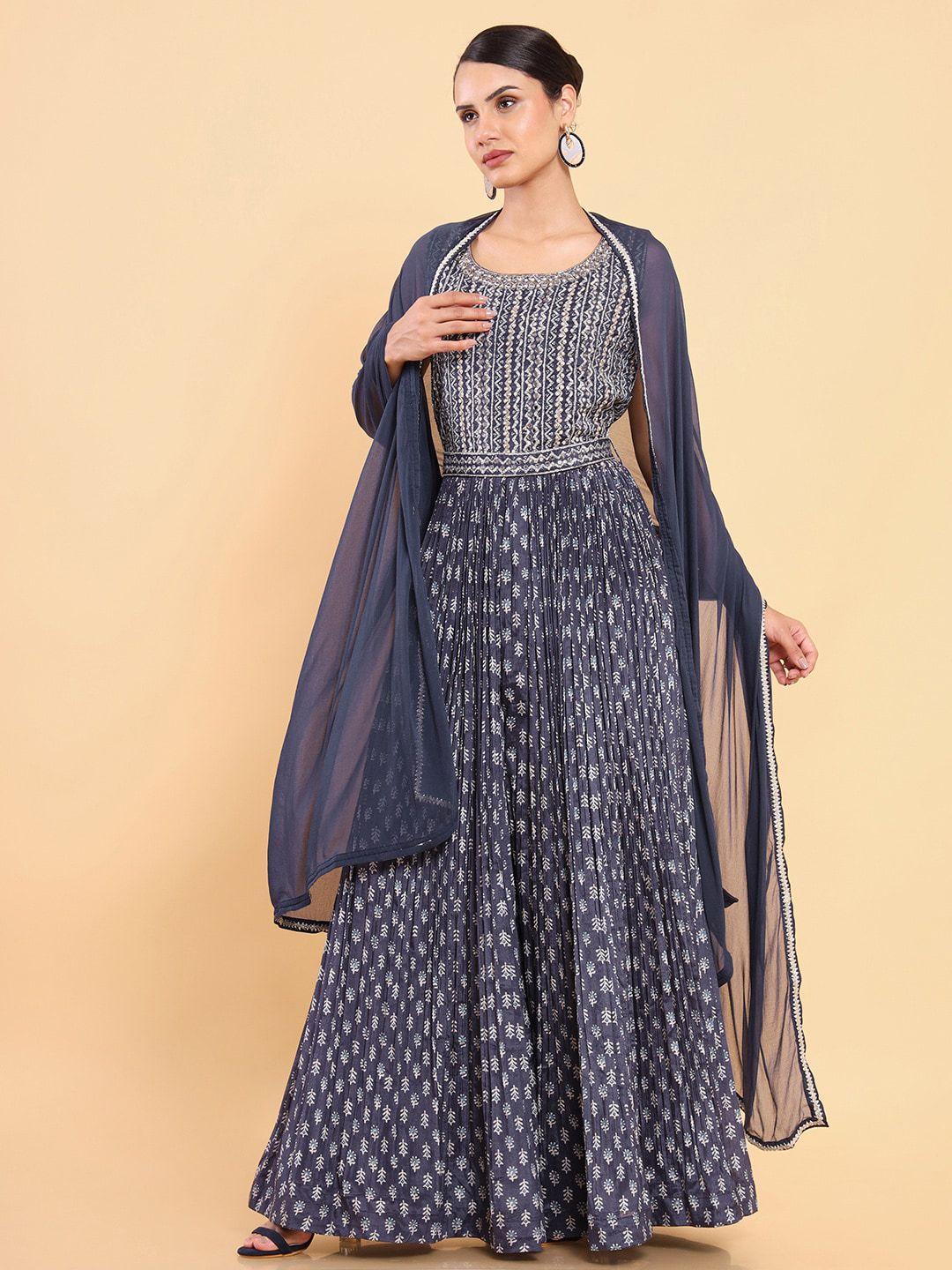 soch-women-navy-blue-&-off-white-printed-basic-jumpsuit-with-dupatta