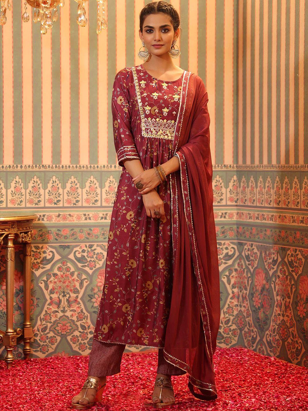 scakhi-women-magenta-floral-printed-pleated-gotta-patti-kurta-with-trousers-&-with-dupatta