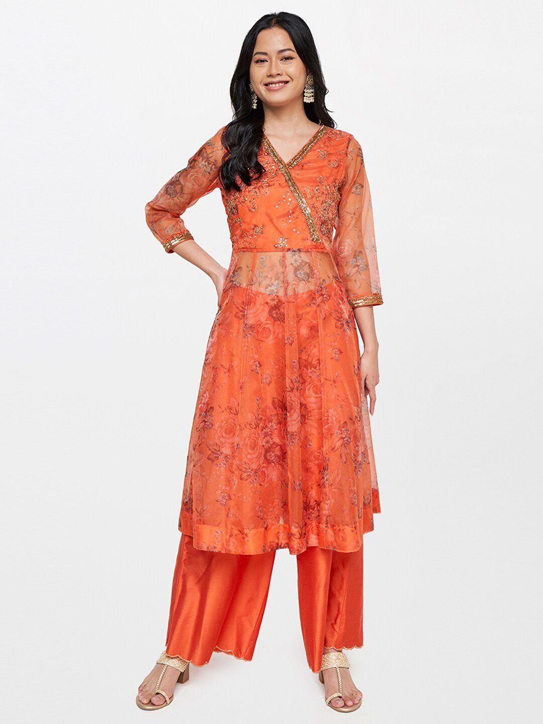 global-desi-women-orange-floral-printed-angrakha-kurta-with-palazzo