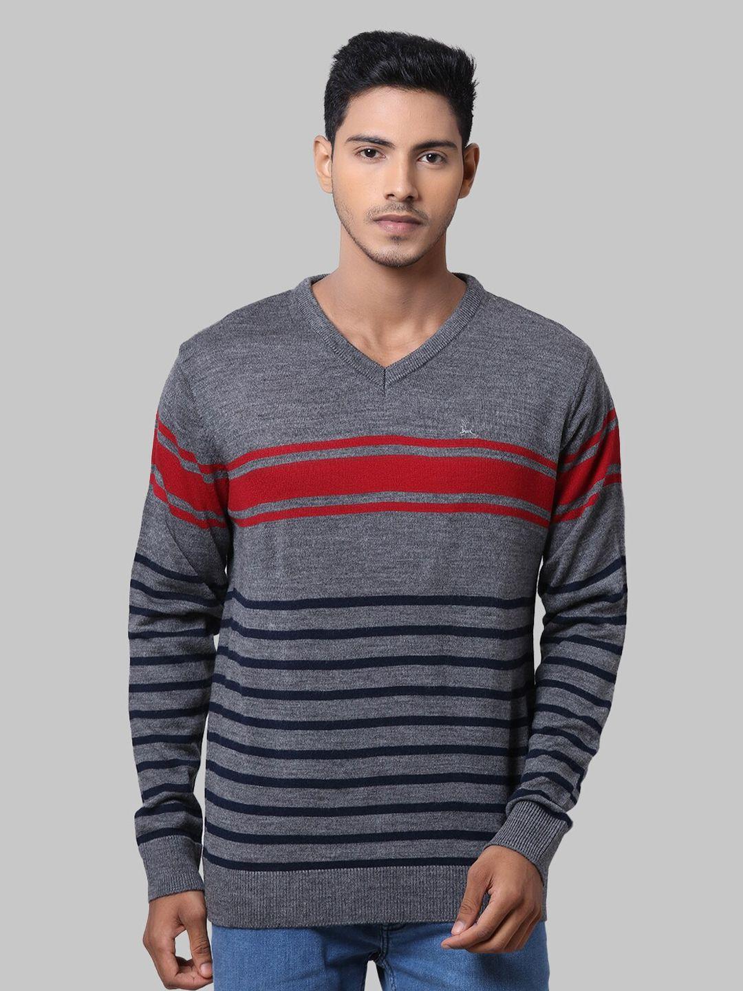 parx-men-grey-&-red-striped-v-neck-acrylic-pullover