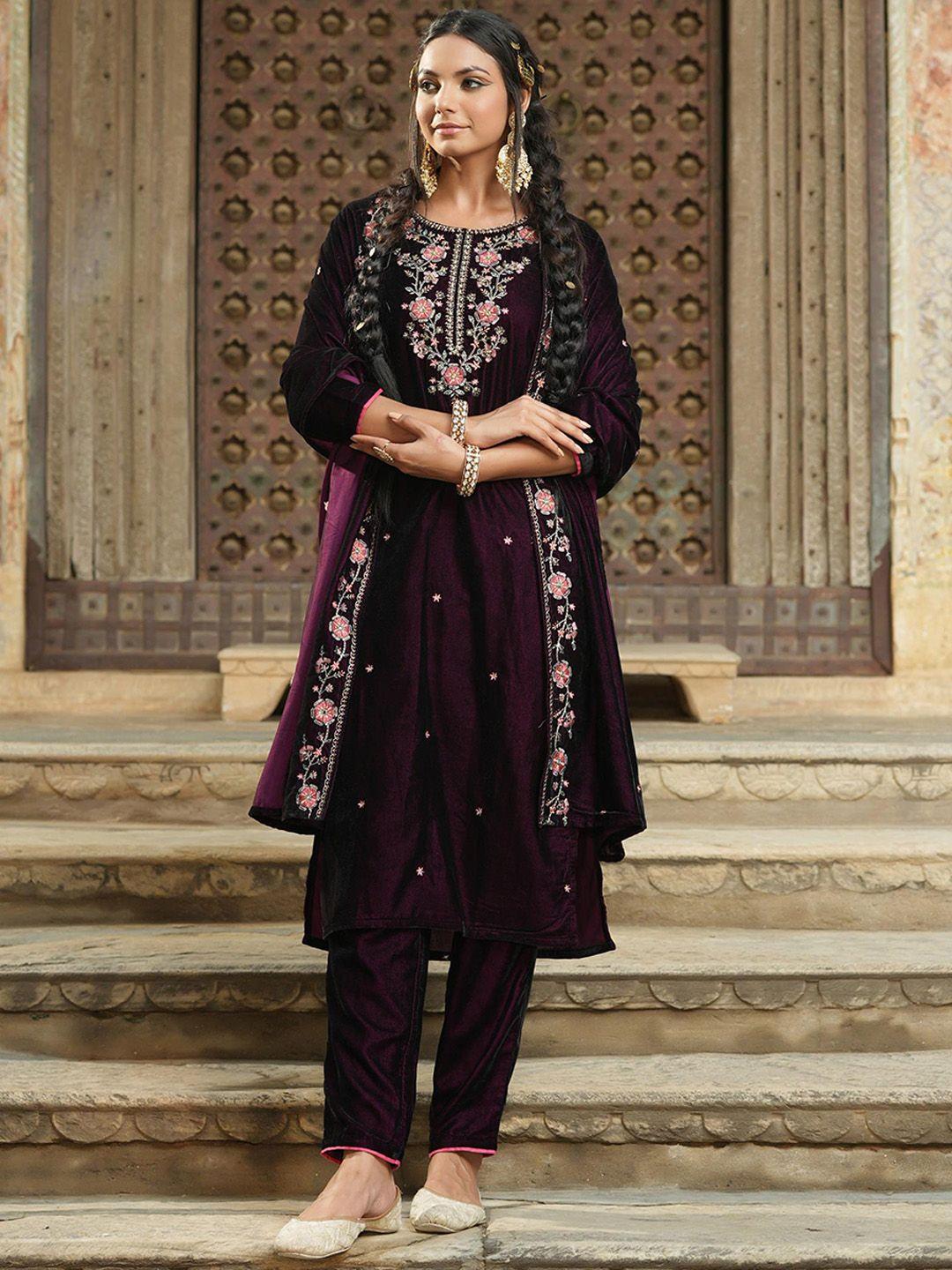 scakhi-women-violet-floral-embroidered-thread-work-velvet-kurta-with-trousers-&-with-dupatta