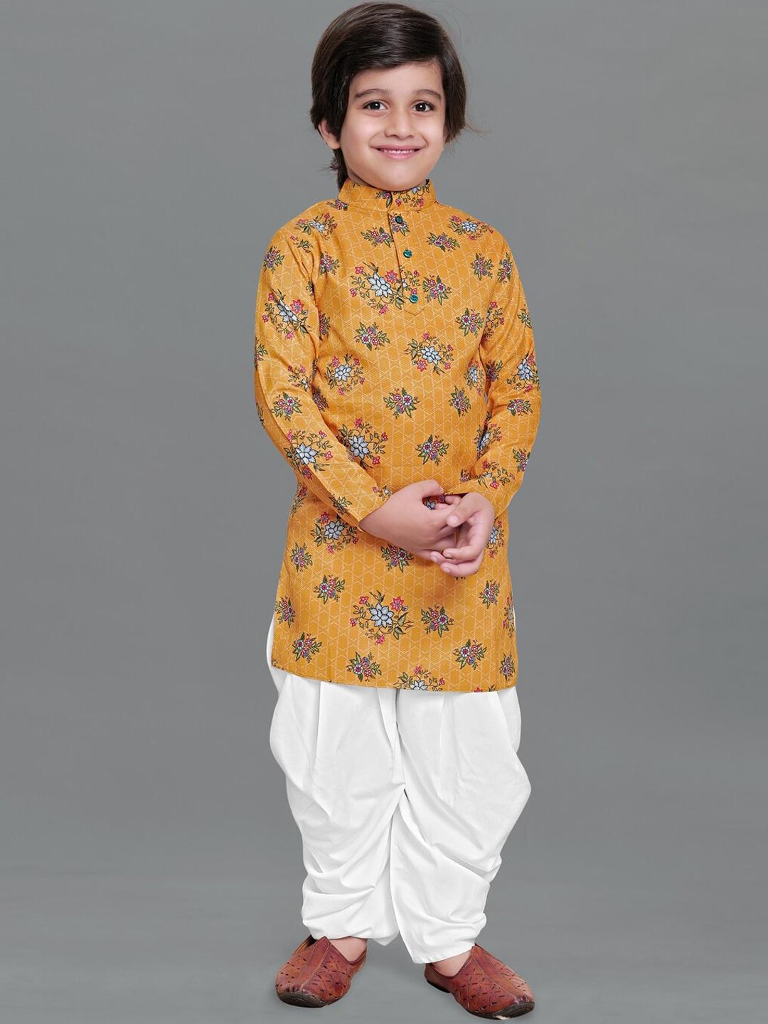 fashion-dream-boys-mustard-yellow-floral-printed-kurta-with-dhoti-pants