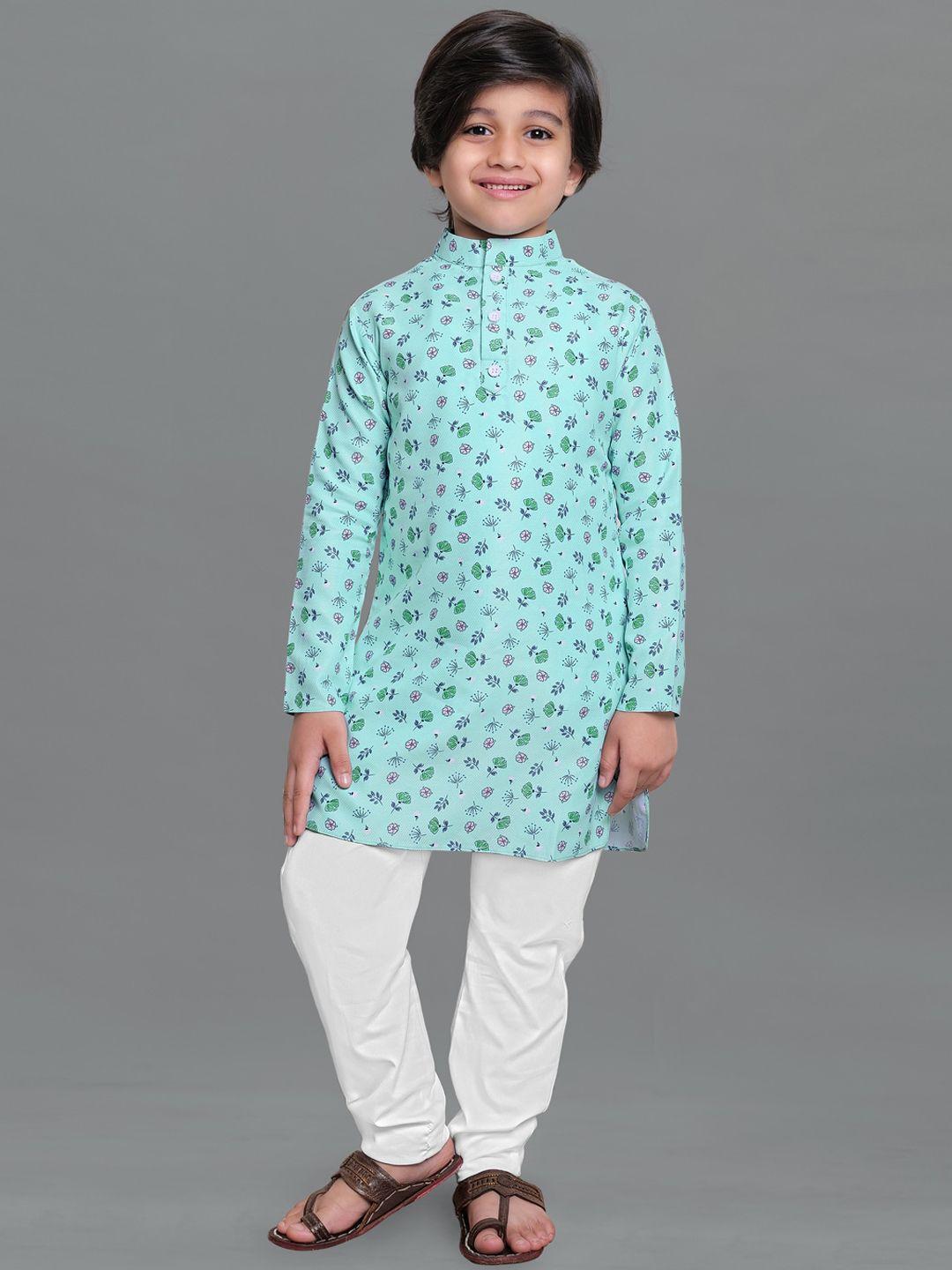 fashion-dream-boys-turquoise-blue-floral-printed-kurta-with-pyjama