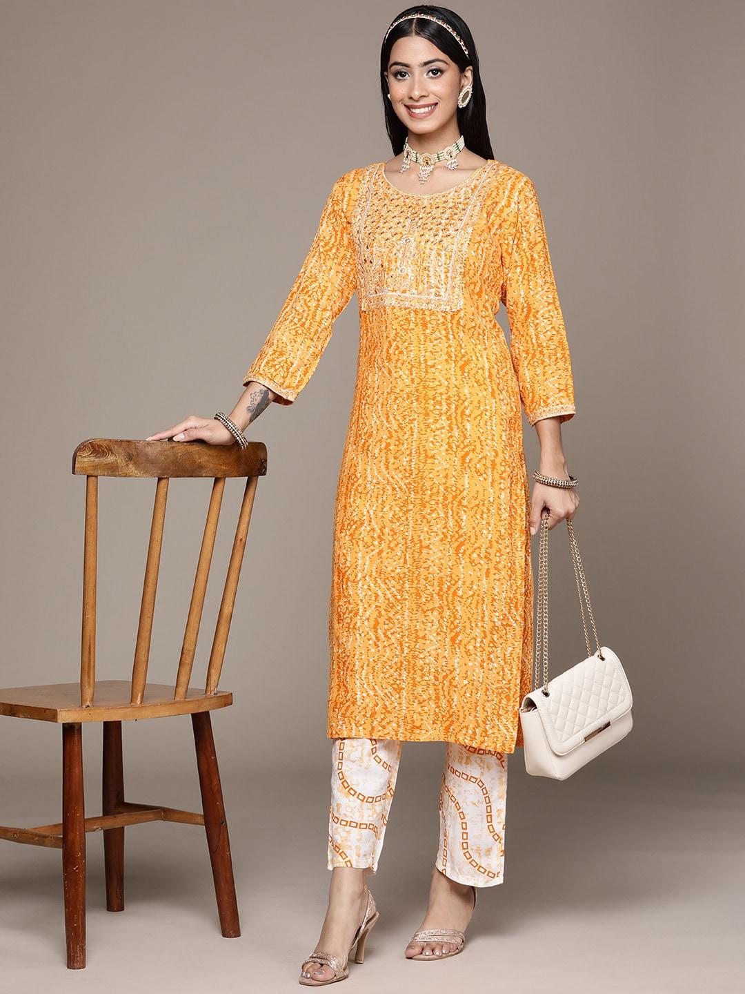 ziyaa-women-mustard-yellow-ethnic-motifs-printed-pure-cotton-kurta-with-trousers