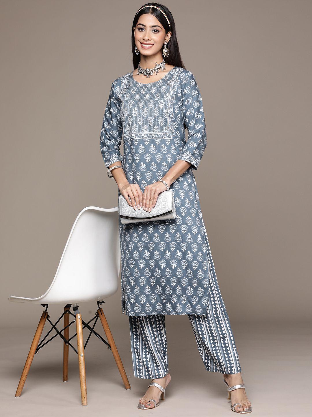 ziyaa-women-blue-&-white-ethnic-motifs-printed-sequinned-pure-cotton-kurta-with-palazzos