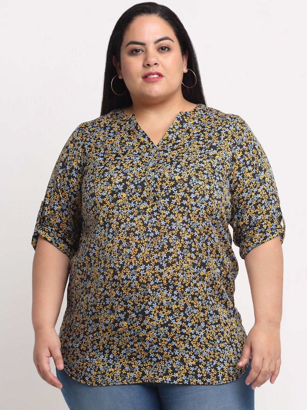 pluss-black-&-yellow-plus-women-floral-print-shirt-style-top