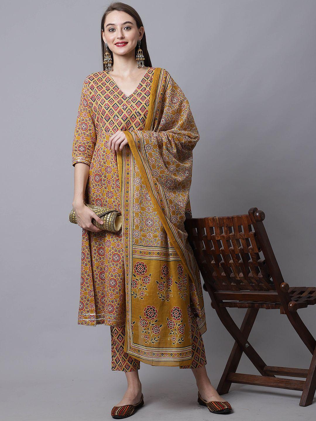 rajnandini-women-mustard-yellow-printed-pure-cotton-kurta-with-trousers-&-dupatta
