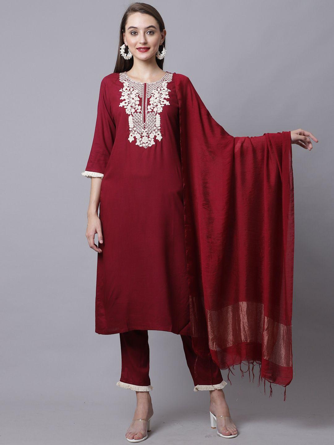 rajnandini-women-maroon-embroidered-pure-cotton-kurta-with-trousers-&-dupatta