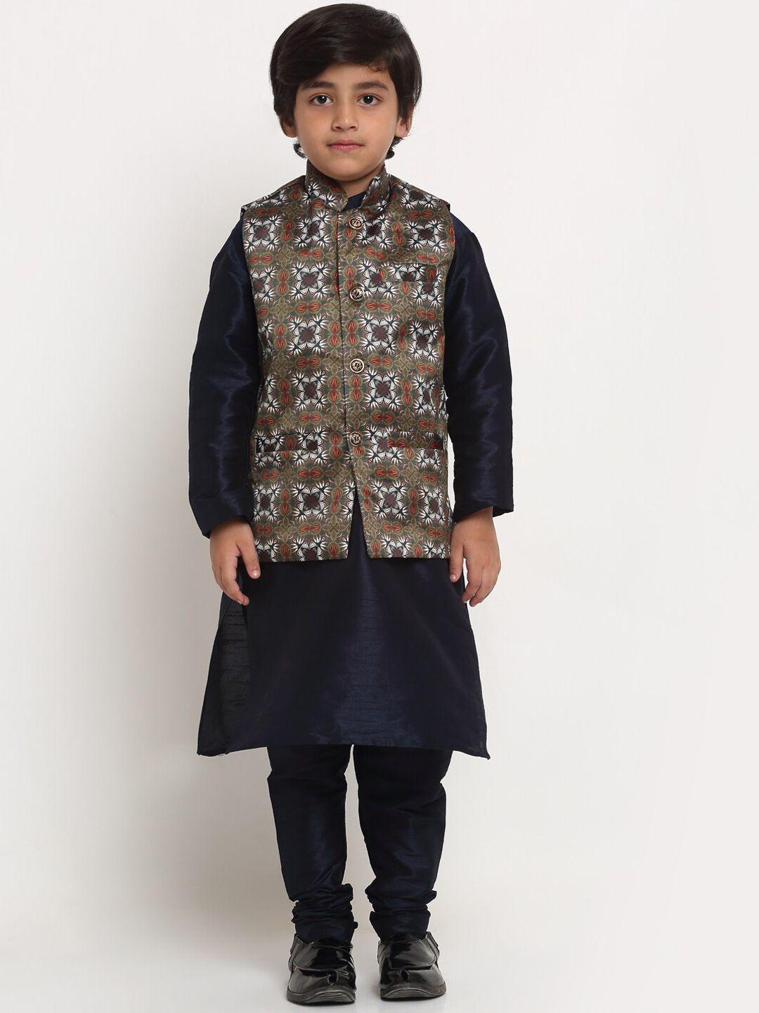 benstoke-boys-navy-blue-printed-kurta-with-churidar-&-nehru-jacket-set