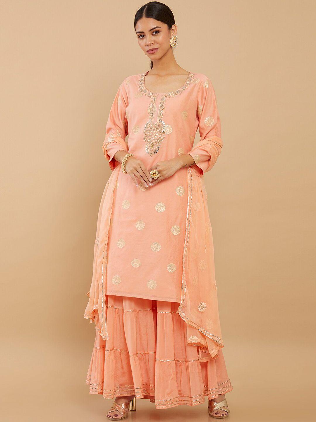 soch-women-peach-coloured-floral-embroidered-pure-silk-kurta-with-sharara-&-dupatta