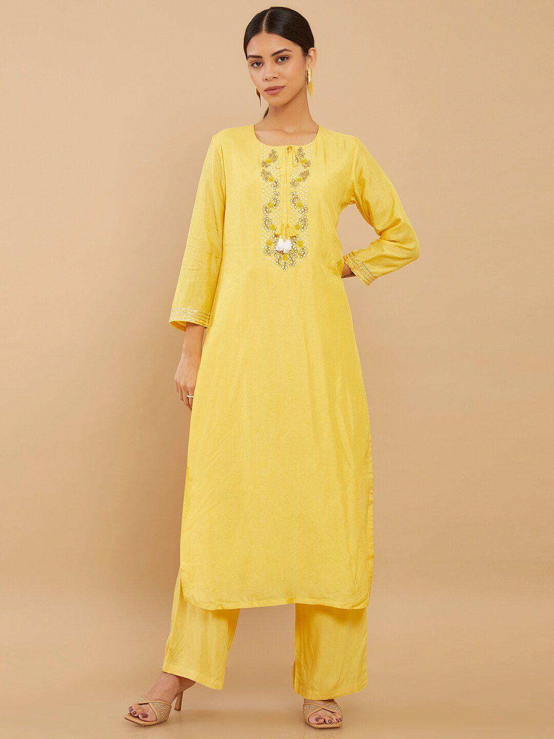 soch-women-yellow-embroidered-silk-crepe-kurta-with-trousers