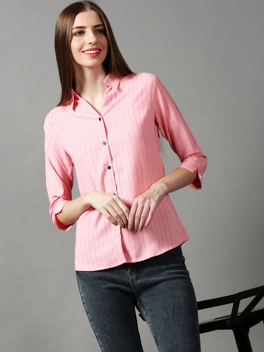 showoff-women-pink-striped-casual-shirt