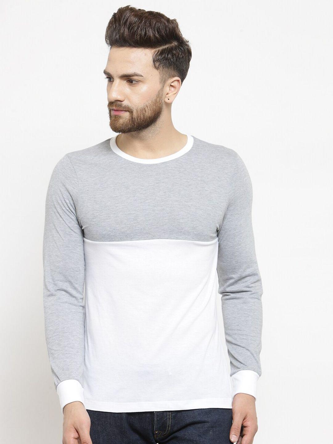 kalt-men-grey-melange-&-white-cotton-colourblocked-t-shirt