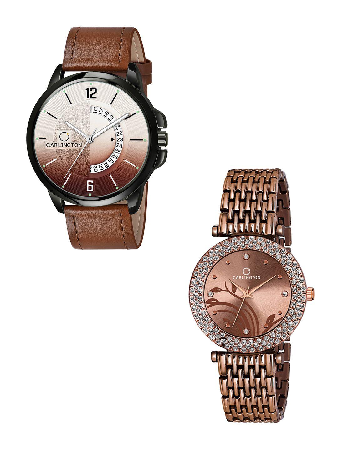 carlington-unisex-tan-dial-&-tan-leather-straps-analogue-couple-watch-ct1030-tan