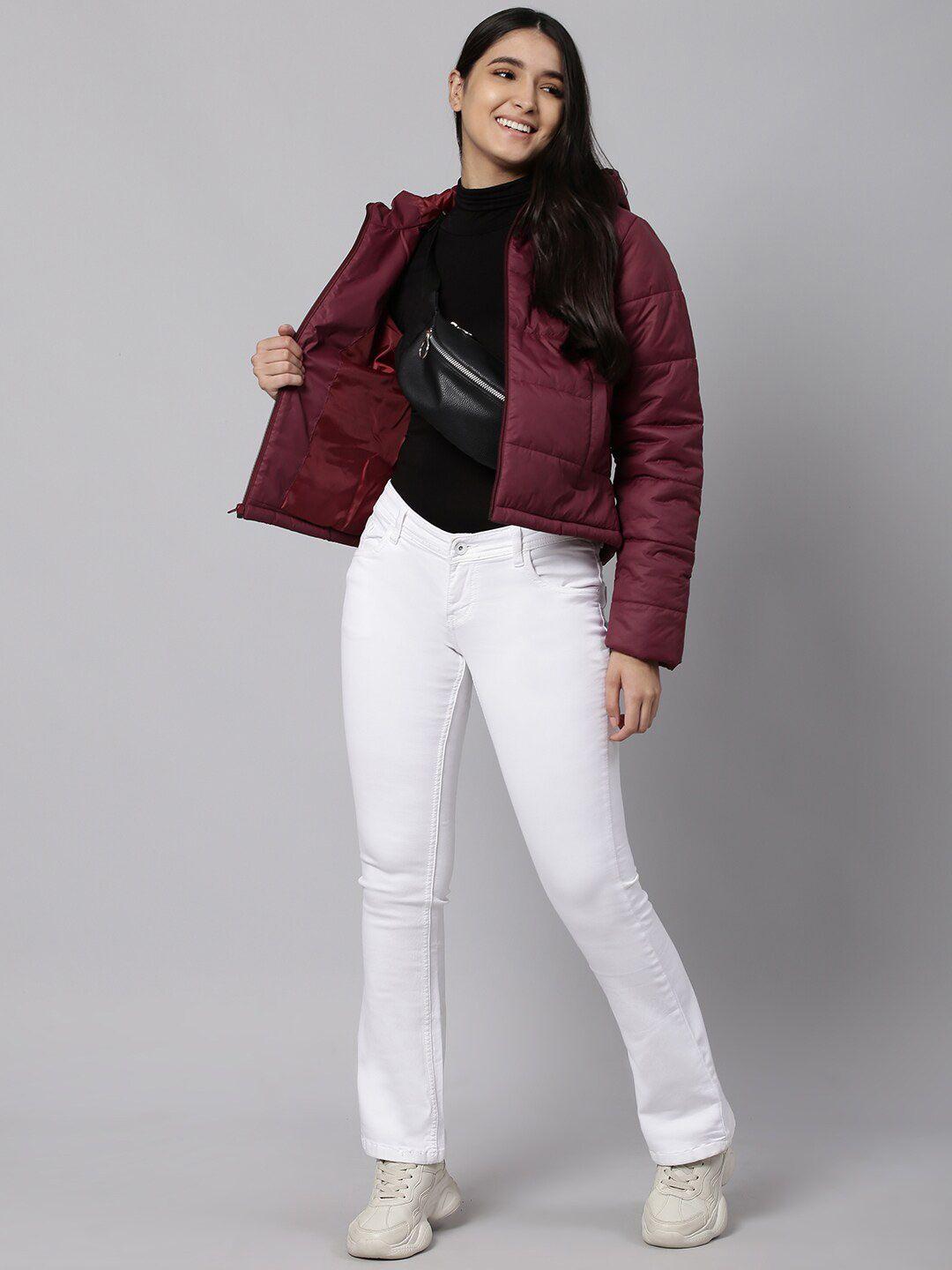 high-star-women-maroon-solid-hooded-padded-jacket