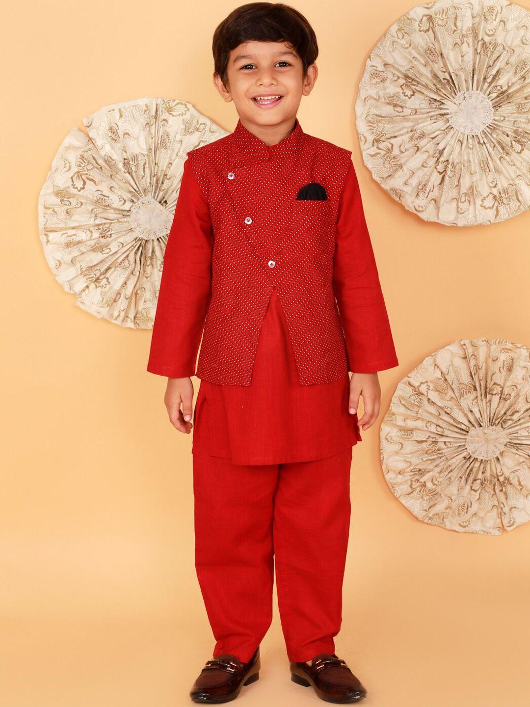 lil-drama-boys-red-printed-pure-cotton-kurta-pyjamas-with-nehru-jacket