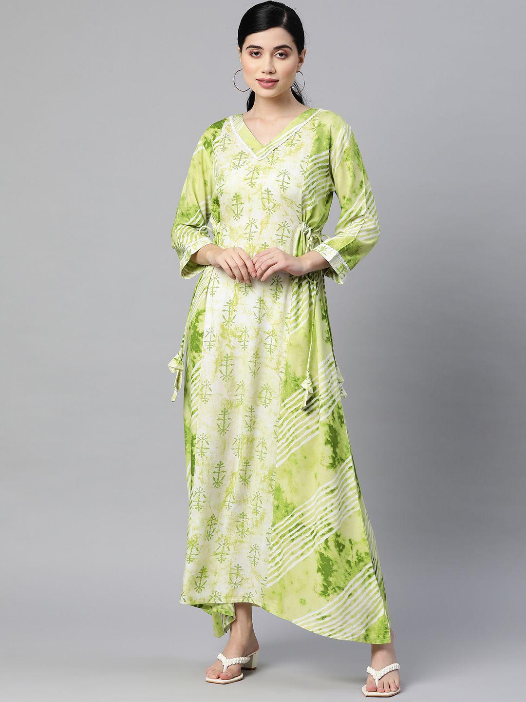 indibelle-women-green-&-off-white-floral-a-line-maxi-dress-with-tie-ups-detail