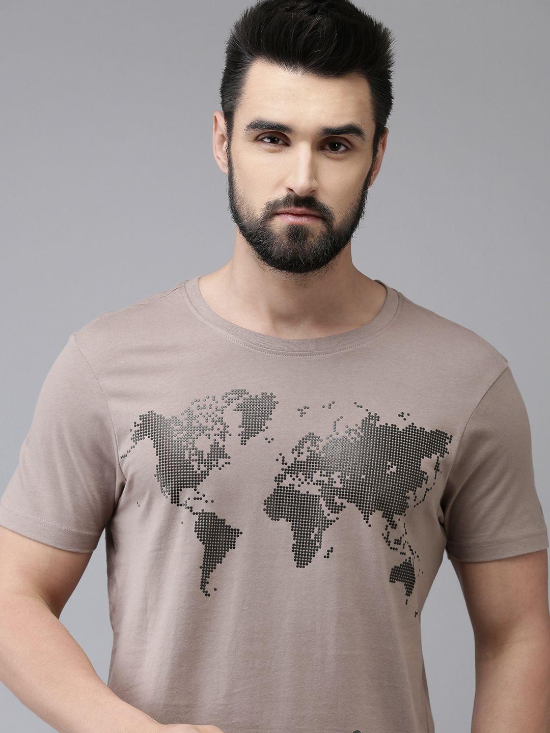 arrow-men-taupe-brown-&-black-world-map-print-round-neck-pure-cotton-knitted-t-shirt