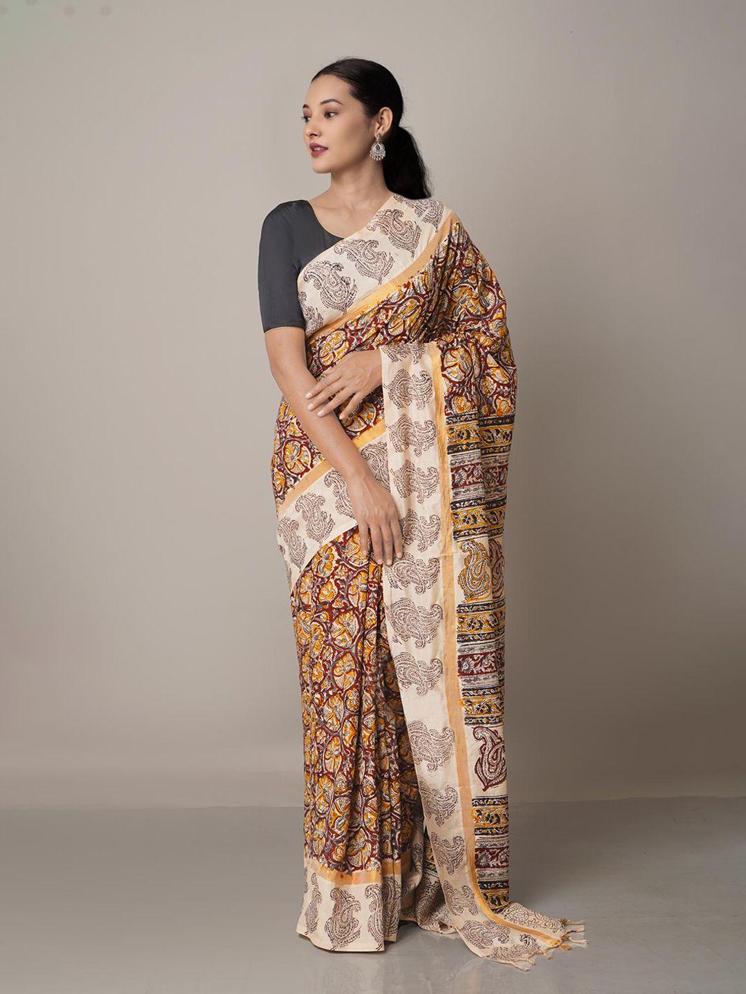 unnati-silks-maroon-&-beige-kalamkari-pure-silk-block-print-saree