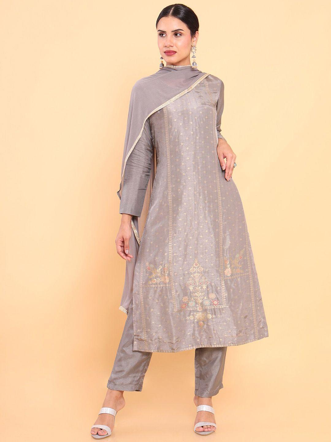 soch-women-grey-ethnic-motifs-printed-kurta-with-trousers-&-with-dupatta
