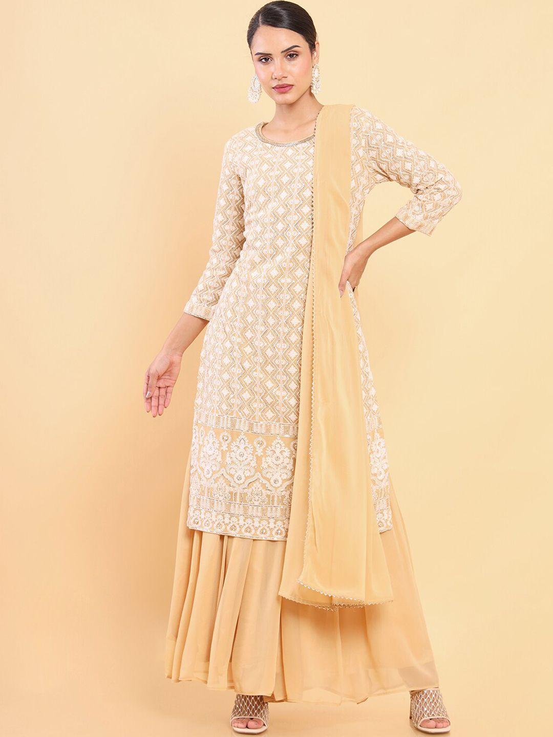 soch-women-beige-ethnic-motifs-embroidered-chikankari-kurta-with-sharara-&-with-dupatta