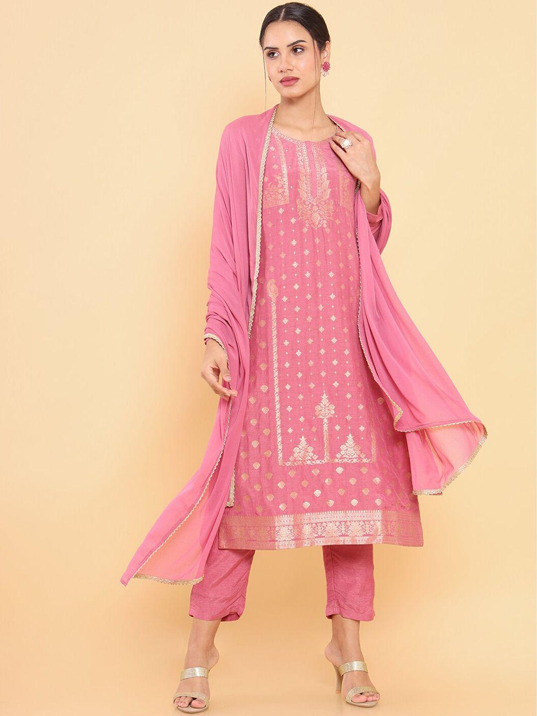 soch-women-pink-printed-kurta-with-trouser-&-with-dupatta-set