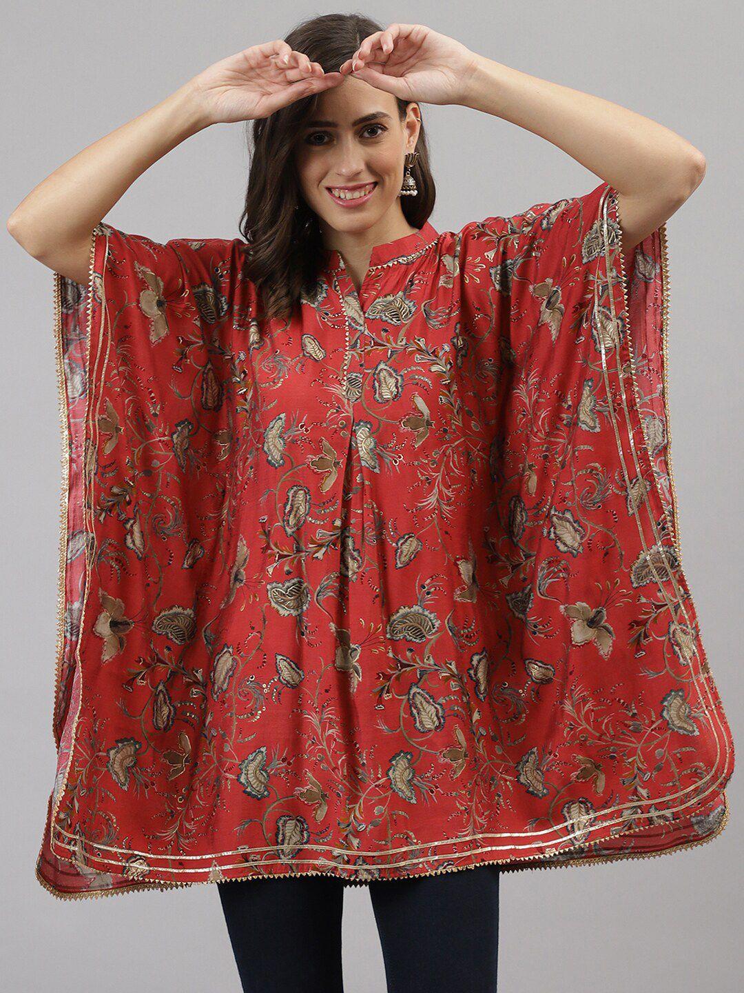 tankhi-red-floral-printed-flared-sleeves-gotta-patti-gotta-patti-pleated-kaftan-kurti