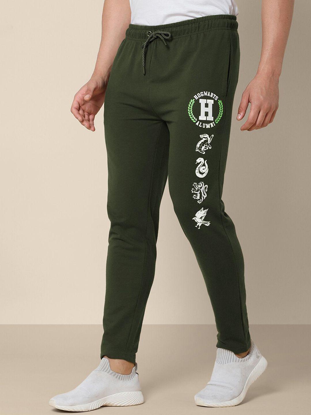 free-authority-men-olive-green-harry-potter-printed-terry-cotton-track-pants