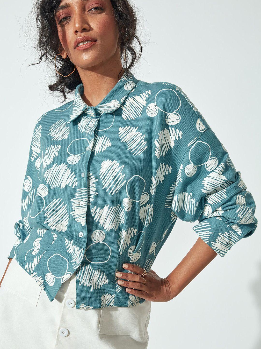the-label-life-women-blue-abstract-printed-cotton-casual-shirt