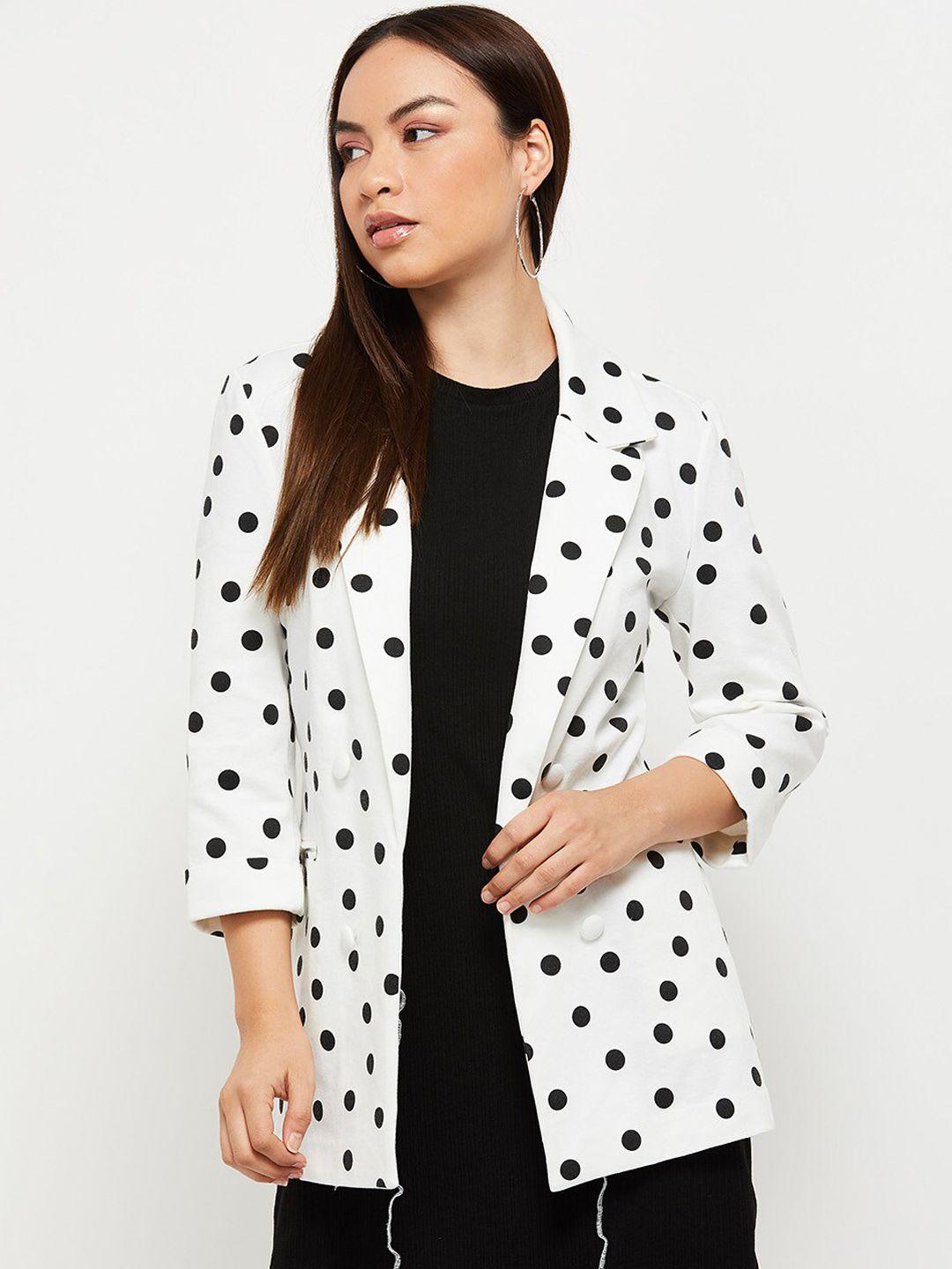 max-women-white-polka-dots-windcheater-longline-open-front-jacket