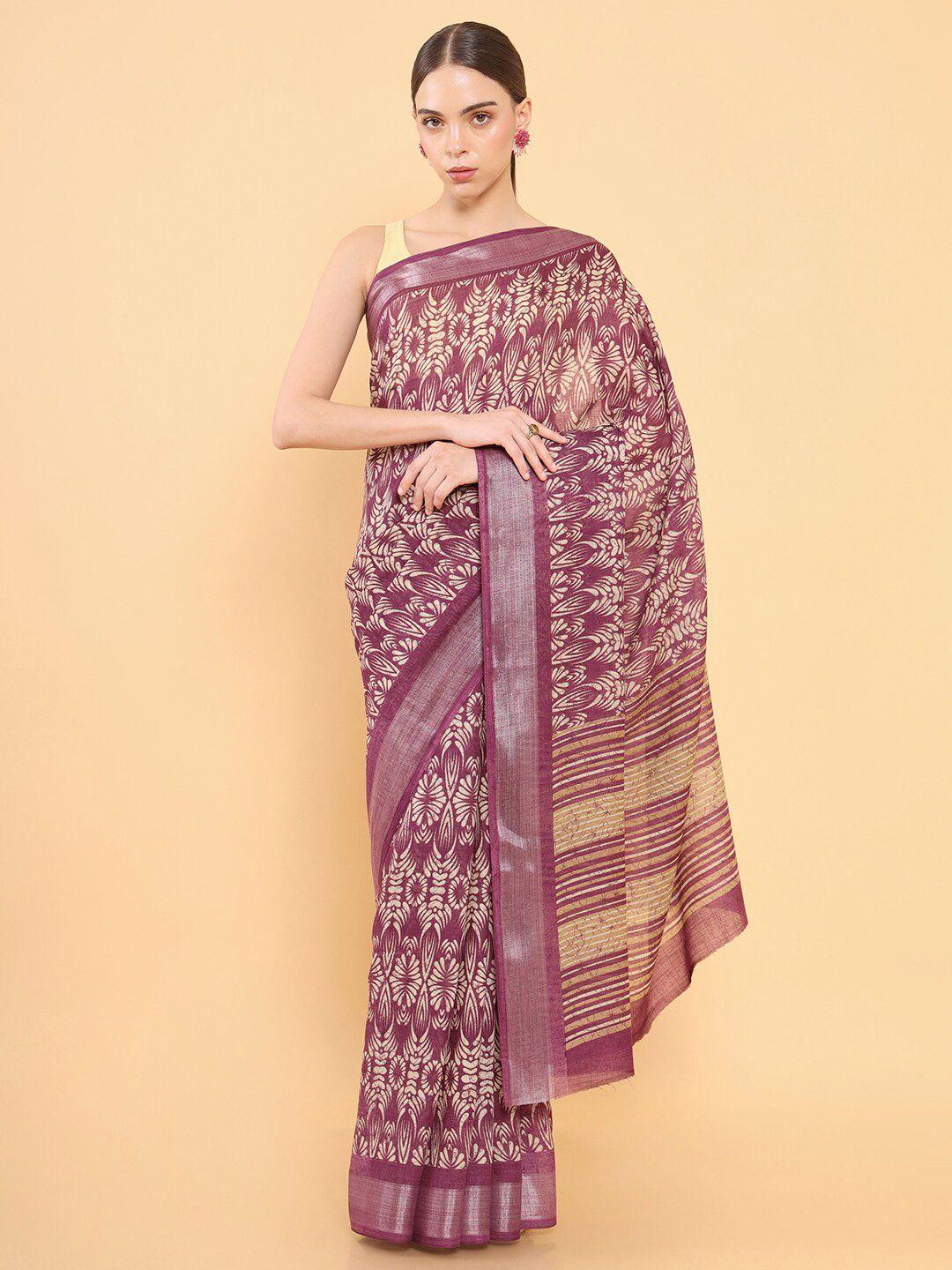 soch-purple-&-cream-coloured-floral-zari-silk-blend-saree