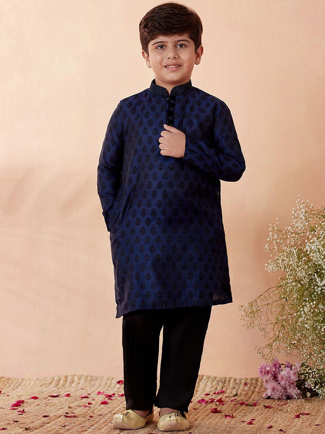 manyavar-boys-navy-blue-woven-floral-kurta-with-pyjama-set
