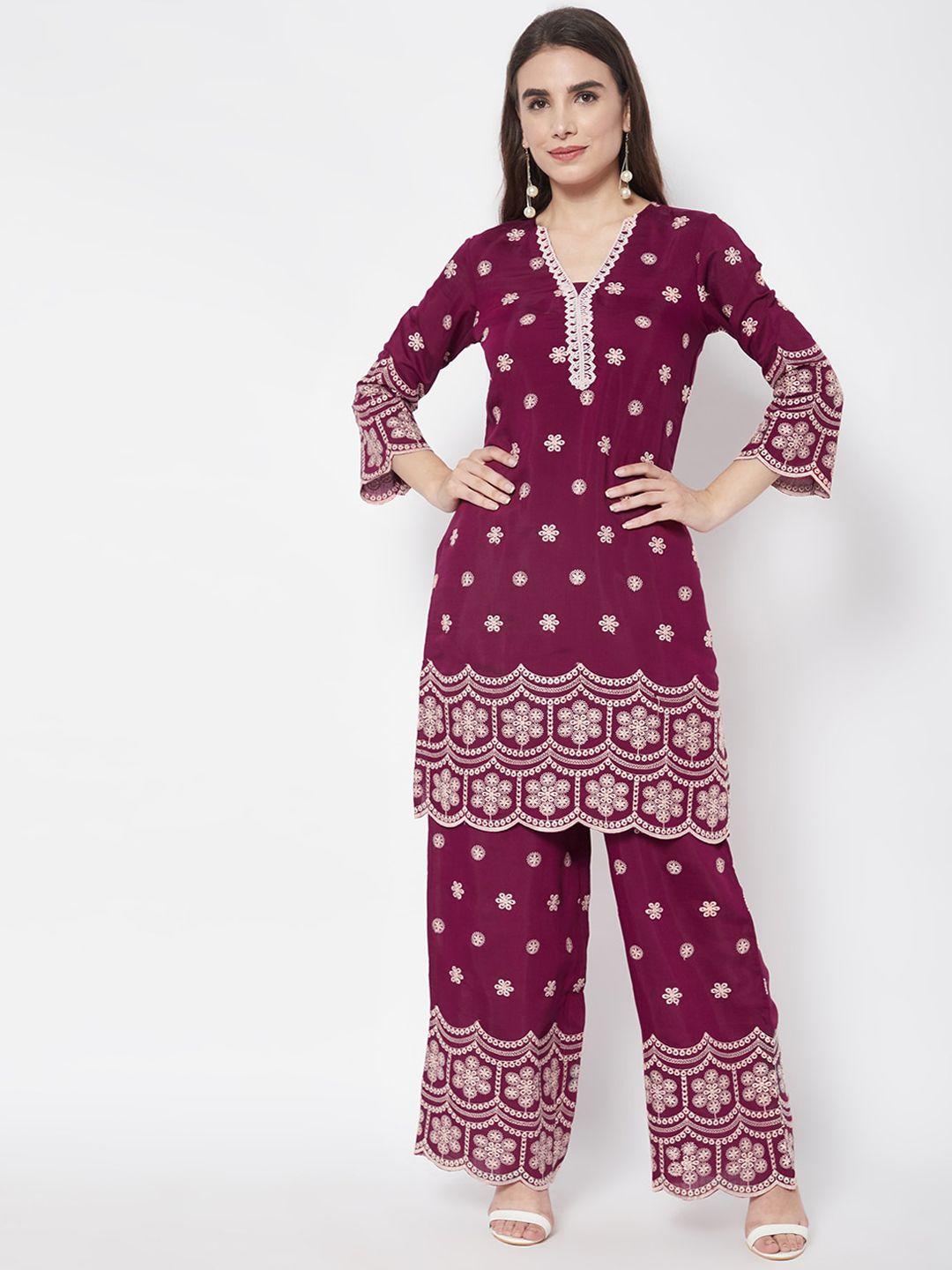 heeposh-women-magenta-floral-embroidered-thread-work-kurti-with-trouser-&-dupatta-set