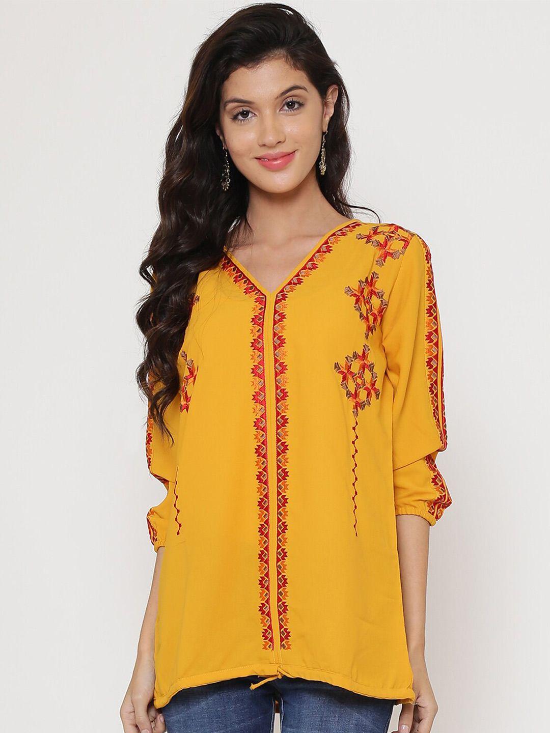 be-indi-women-mustard-yellow-&-red-embroidered-top