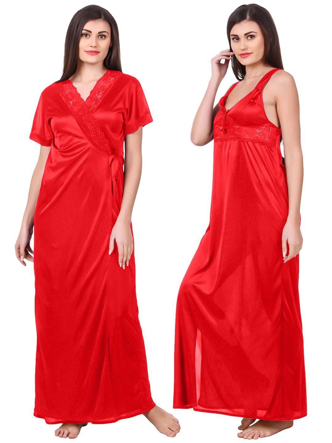 fasense-women-set-of-2-red-solid-satin-wrap-maxi-nightdress