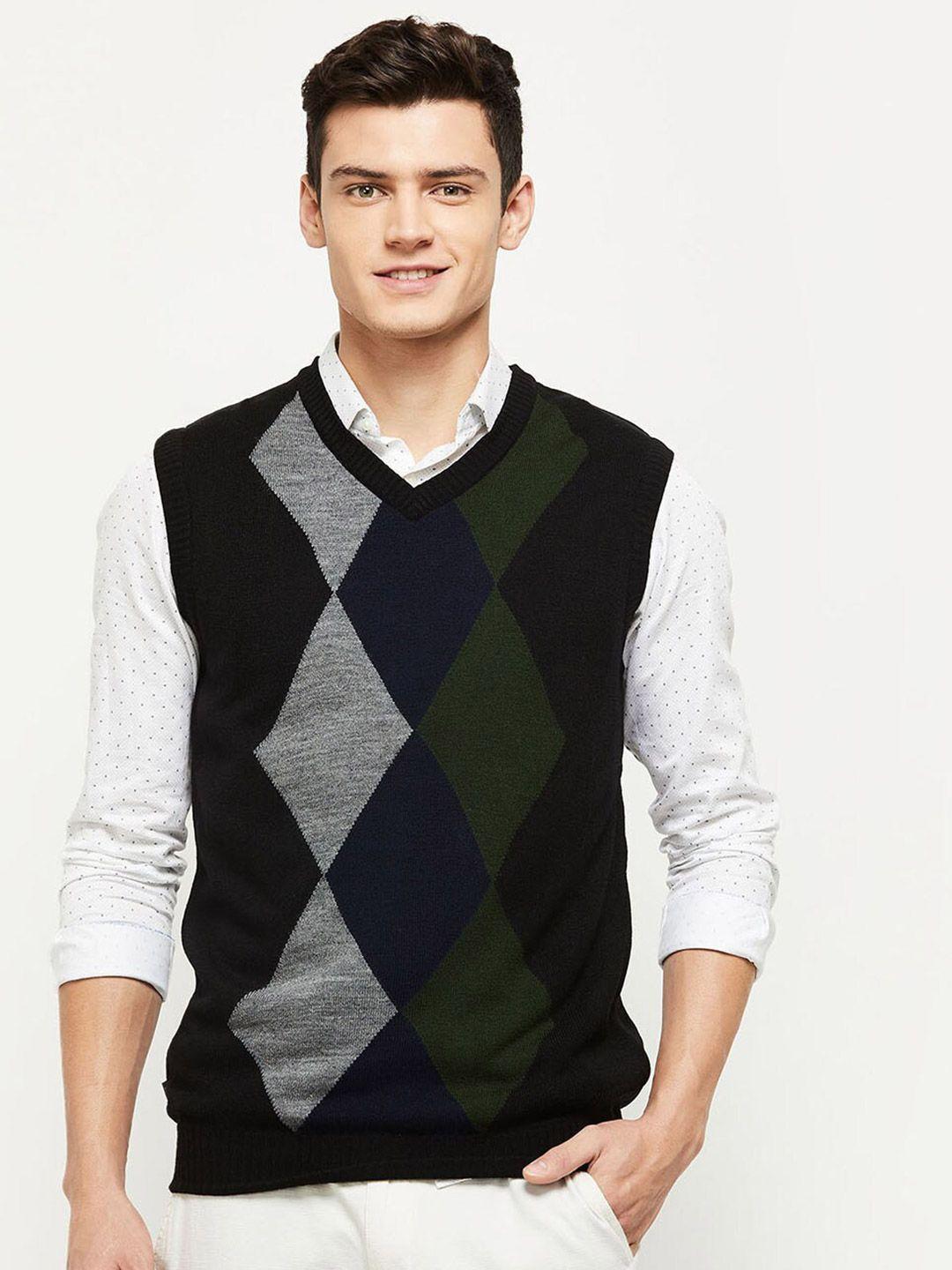 max-men-black-&-grey-self-design-sweater-vest