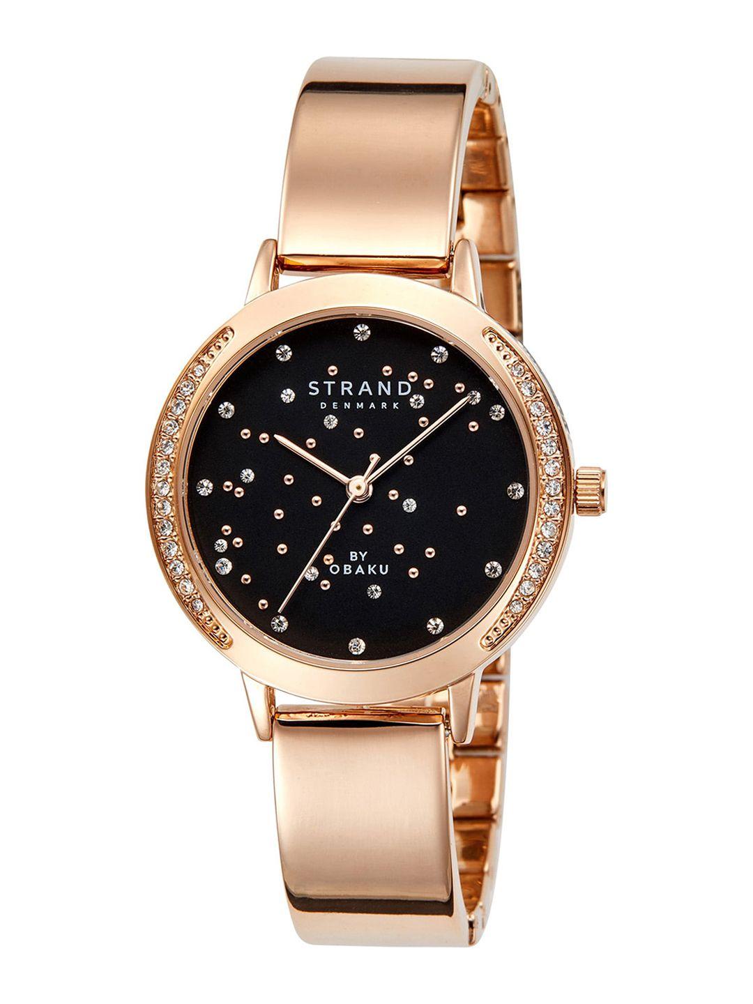 strand-by-obaku-women-black-brass-embellished-dial-&-rose-gold-toned-stainless-steel-bracelet-style-straps-watch