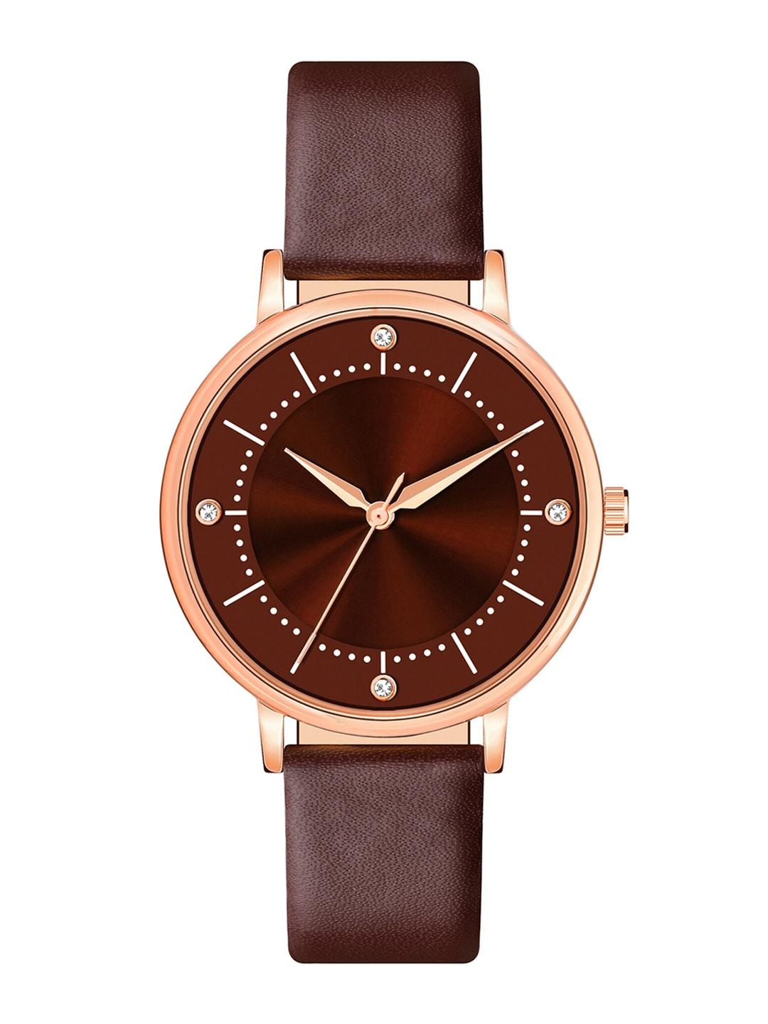 shocknshop-women-maroon-embellished-dial-&-brown-leather-straps-analogue-watch
