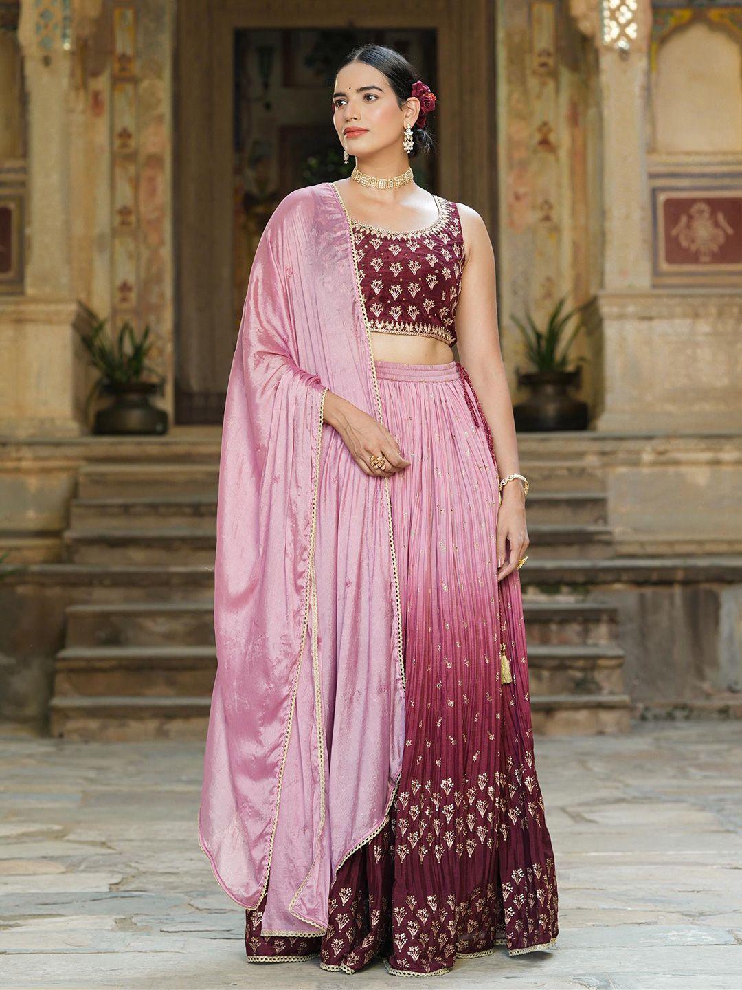 scakhi-rose-&-maroon-embroidered-foil-print-ready-to-wear-lehenga-&-blouse-with-dupatta