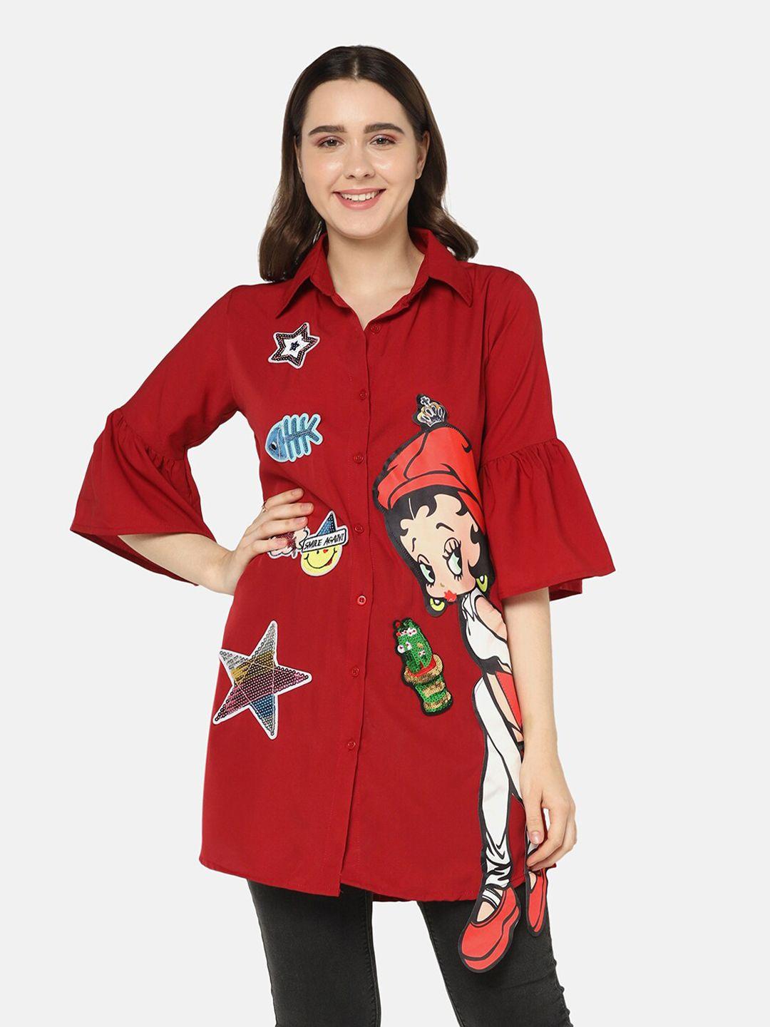 buy-new-trend-women-red-relaxed-longline-applique-casual-shirt
