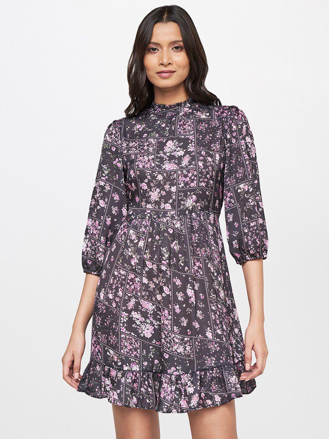 and-women-purple-&-pink-floral-fit-&-flare-dress