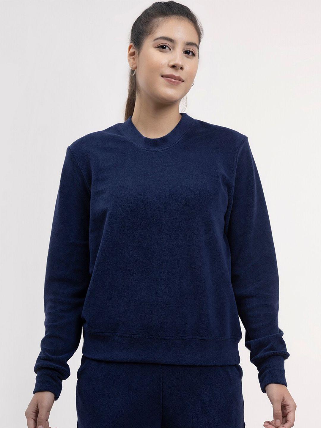 fablestreet-women-navy-blue-solid-velour-sweatshirt