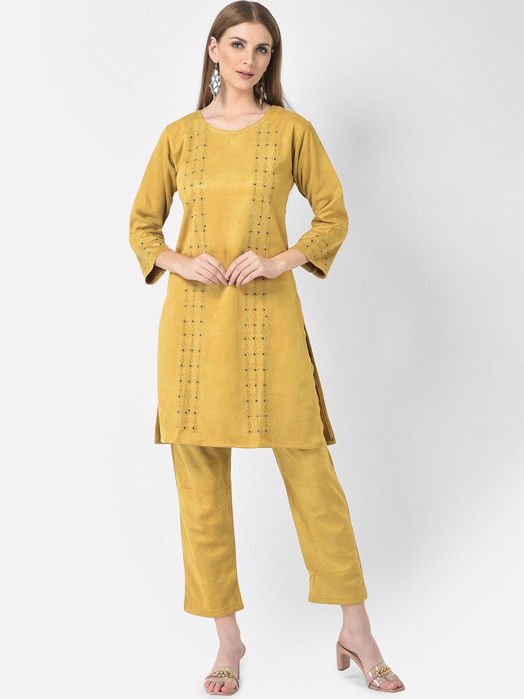 fnocks-women-yellow-printed-velvet-kurti-with-trouser-set
