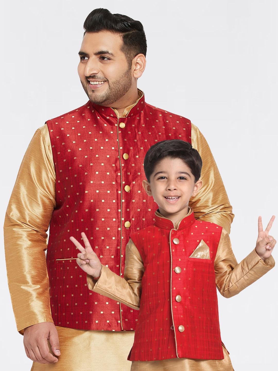 vastramay-plus-men-plus-size-maroon-&-gold-woven-design-silk-blend-nehru-jacket