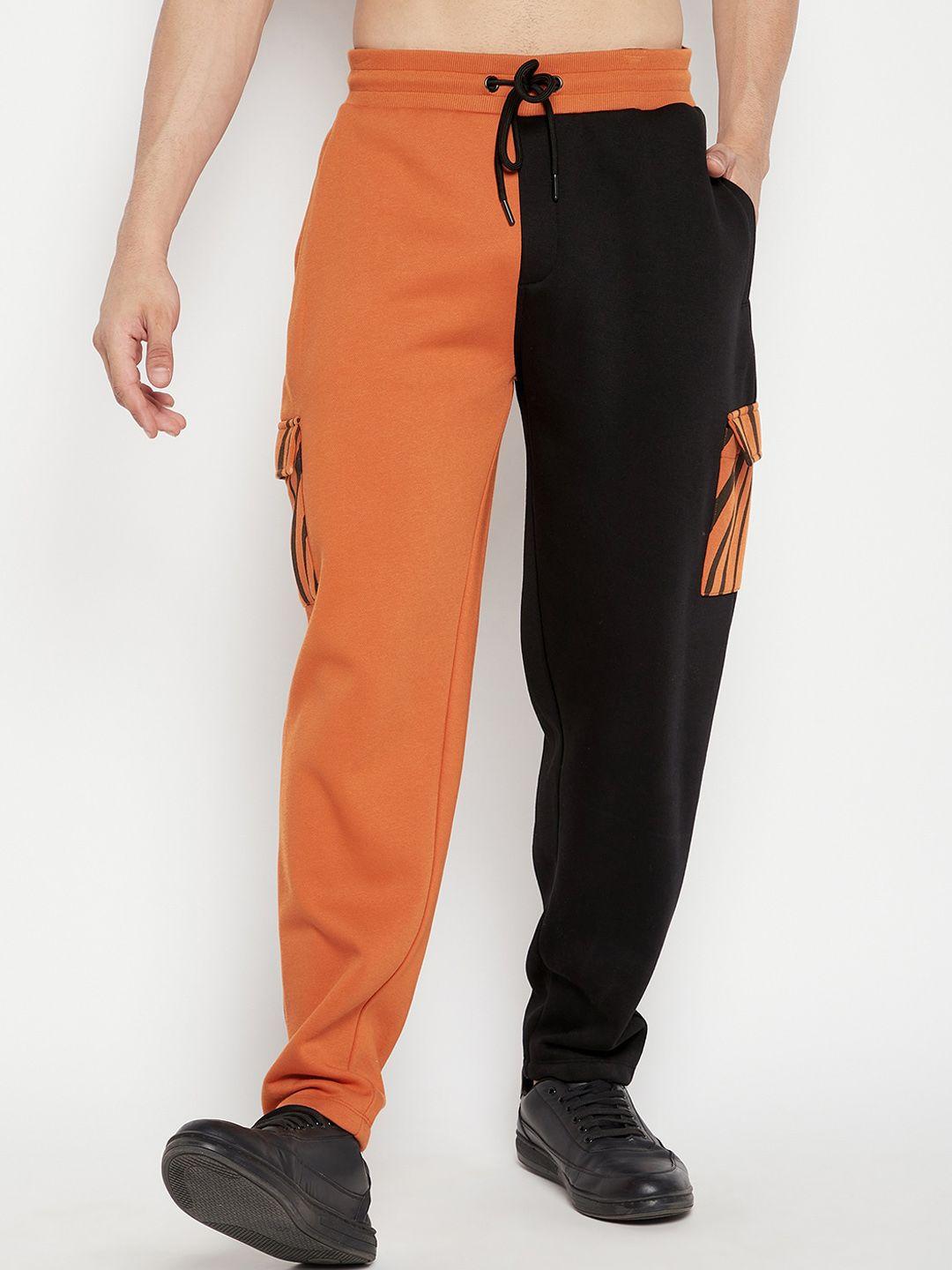 edrio-men-black-&-orange-colourblocked-cotton-track-pants